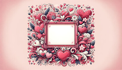 Empty pink photo frame surrounded by red white and black flowers and hearts