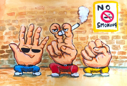 禁煙のポスターの前でタバコを吸って座っている、グー、チョキ、パー、じゃんけんのポーズの、三つの、手、の水彩、手描き、イラスト