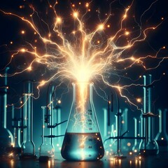 Electrochemistry, electric sparks coming out of chemical beaker with dark background