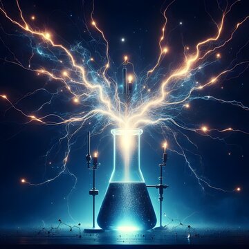 Electrochemistry, electric sparks coming out of chemical beaker with dark background