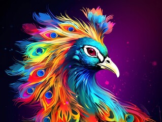 peacock illustration in abstract, rainbow ultra-bright neon artistic portrait graphic highlighter lines on minimalist background. generative ai