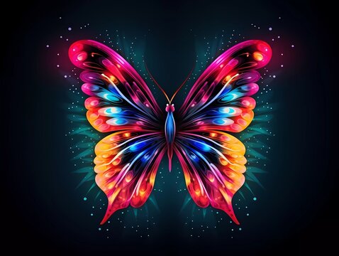 butterfly illustration in abstract, rainbow ultra-bright neon artistic portrait graphic highlighter lines on minimalist background. generative ai