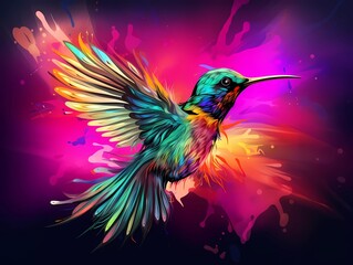hummingbird illustration in abstract, rainbow ultra-bright neon artistic portrait graphic highlighter lines on minimalist background. generative ai