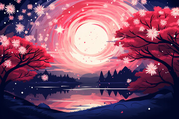 New Year in Japan: Pink Sakura Coloristic Graphic Vector Illustration for Mugs, T-shirts, and Merchandise