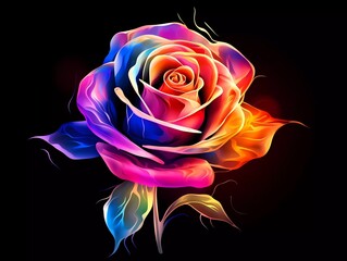 rose flower illustration in abstract, rainbow ultra-bright neon artistic portrait graphic highlighter lines on minimalist background. generative ai