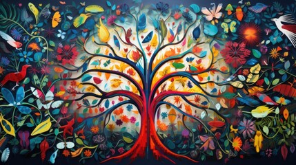 A colorful mural depicting animals and plants with unique physical features, highlighting how gene editing has the potential to create new and innovative forms of life.