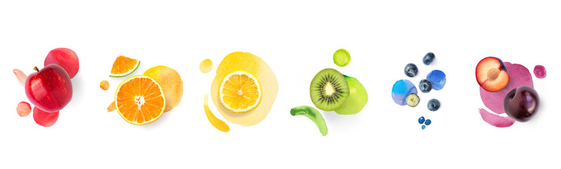 Creative concept made of apple, orange, lemon, kiwi, blueberry, plum on the white background with watercolor spots. Flat lay. Food concept. Macro concept.