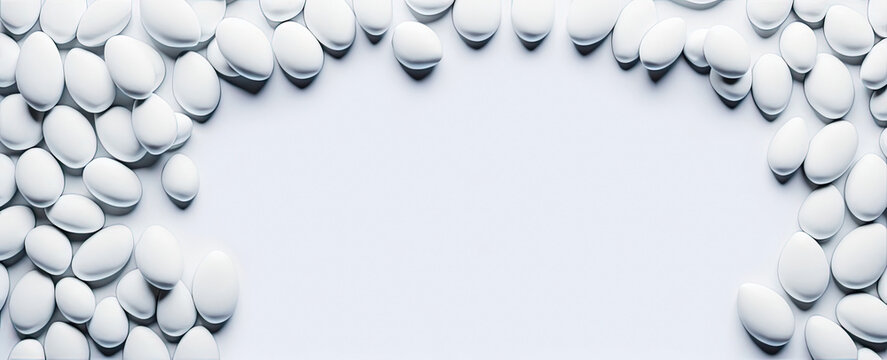 white pills on white background banner. dietary supplements close-up. wellbeing and personal health care concept
