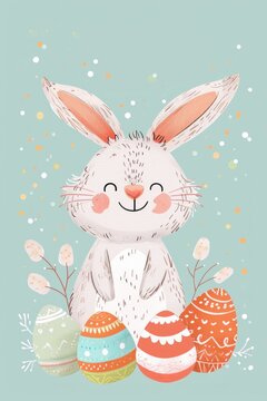 Cute Easter Bunny with Painted Eggs