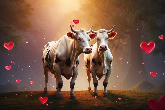 a pair of cows on a romantic background