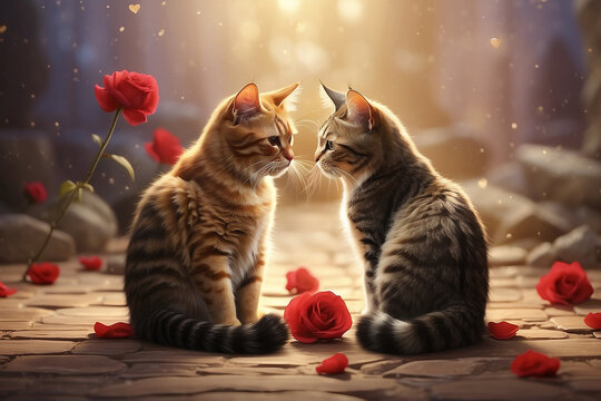 a pair of cats on a romantic background