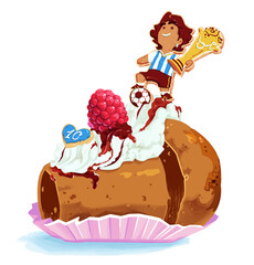 Babà al rum con panna, cioccolato, lampone e "biscotto Maradona", a colori, pasticceria.
