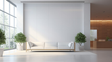 comfortable office lobby interior with blank white wall