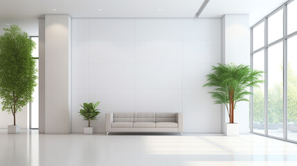 comfortable office lobby interior with blank white wall and plant in sunlight