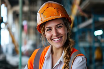 beautiful female engineer White man smiling at the camera with construction background 