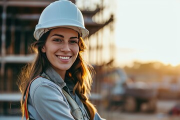 beautiful female engineer White man smiling at the camera with construction background  - obrazy, fototapety, plakaty