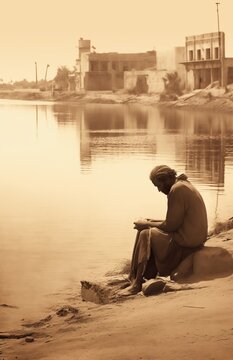 old vintage grungy image of an egyptian man sitting at the river bank