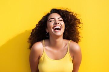 Cheerful fat latin woman smiling against a pastel yellow background 