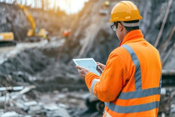 engineer or architect on construction site checking schedule with tablet computer 