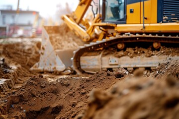  a bulldozer digging foundation on construction site. 