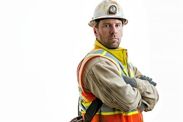 Fototapeta premium Construction Worker with Arms Crossed Looking Ahead on White Background 