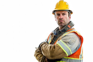 Construction Worker with Arms Crossed Looking Ahead on White Background 