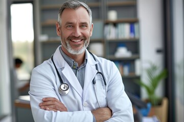 Doctor smiling at camera, white skin, handsome, about 40 years old, arms crossed, 