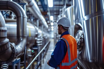Engineer inspecting engineering pipes in a brewery.,workers in large factories