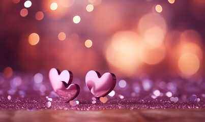 Glitter Valentine's day background with hearts on bokeh background