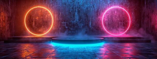 Podium light hologram tech technology background portal circle cyberpunk effect digital.  Game...