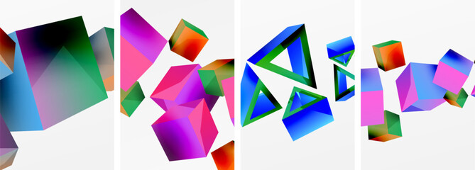 Flying 3d shapes, cubes and other geometric elements background design for wallpaper, business card, cover, poster, banner, brochure, header, website