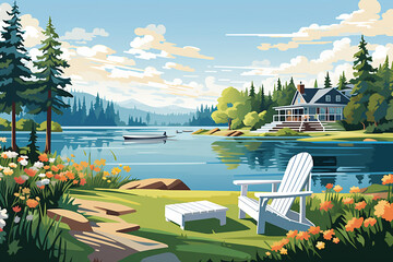 Idyllic lake view with Adirondack chairs