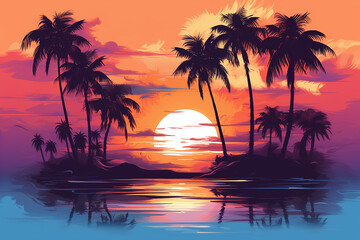 Tropical beach sunset with palm trees
