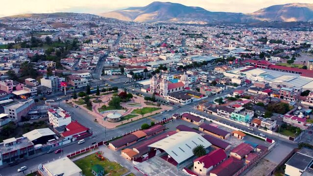 Aerial View of city and old church in Ibarra, Ecuador