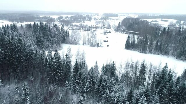 Aerial drone shot over a winter wonderland at daylight in Latvia.