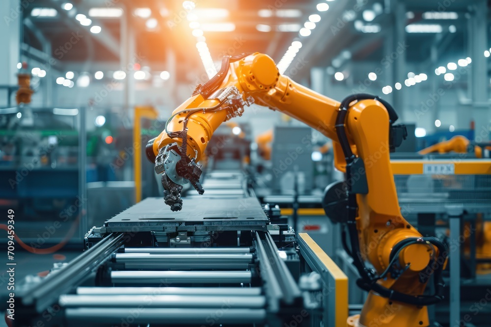 Poster industrial robot works automatically in smart autonomous factory.