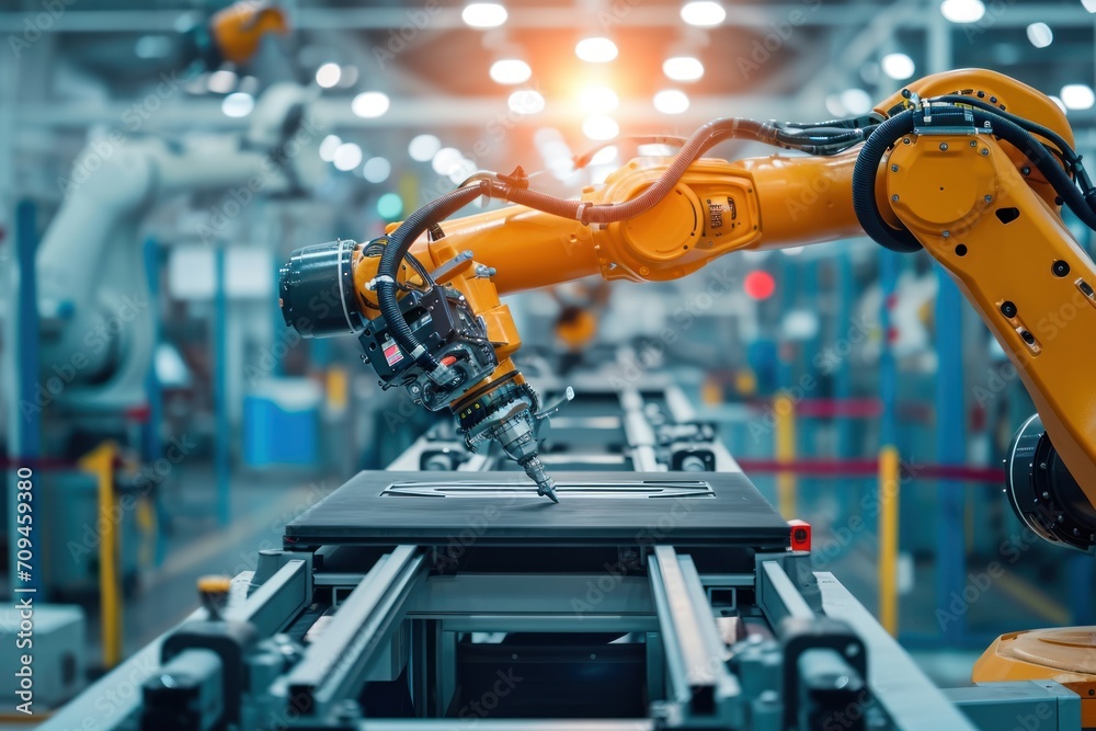 Poster industrial robot works automatically in smart autonomous factory.