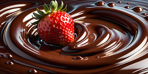 Strawberries in swirling chocolate. strawberry fondue. Generative Ai