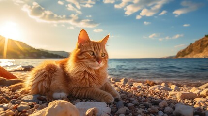A cat on the Lake at sunset - obrazy, fototapety, plakaty