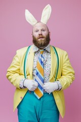 Confident Man Posing in Easter Bunny Costume.
Bearded man with bunny ears posing confidently.