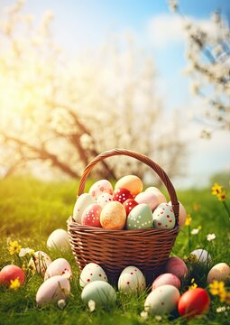 Easter Eggs in a Basket on Green Grass and Sunny Spring Background