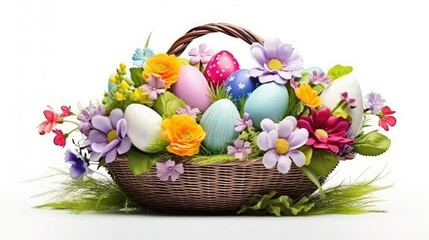 Happy easter, Easter painted eggs in the basket on wooden rustic table for your decoration in holiday