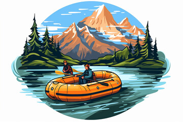 Landscape with Lake and Pontoon with Tourists in Alaska: Vector Illustration for Mugs, T-shirts, and Merchandise