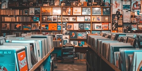 A vintage record store with vinyl records and retro posters
