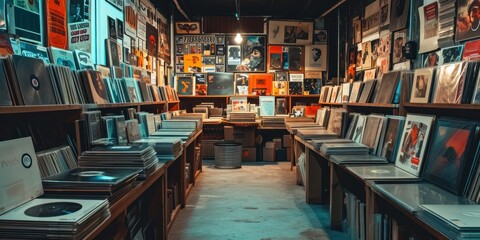 A vintage record store with vinyl records and retro posters