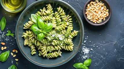 Pasta spaghetti with pesto sauce and fresh basil leaves in grey bowl. Light grey background. Top view.