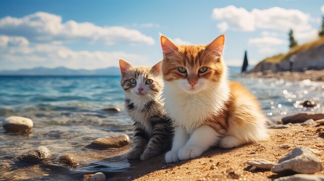 Group of cats sitting on the sand at the beach in sunny day