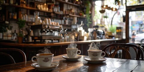 A cozy cafe interior with steaming coffee cups and vintage decor