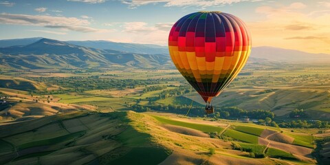 A colorful hot air balloon floating above a picturesque countryside