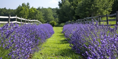 A field of blooming lavender with a rustic wooden fence in the distance